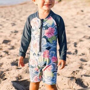 NWT caden lane long sleeve rash guard swim romper shortie UPF 50+ ohana print